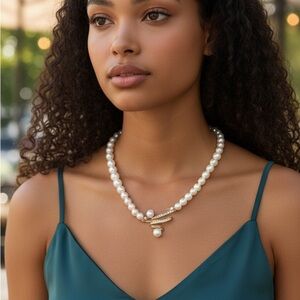 Cultured Pearl Necklace with Gold Accent - White Pearls